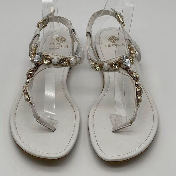 ISOLA Sandal Women’s Size 10 White Leather Rhinestone Thong Slingback Flat - Picture 1 of 14